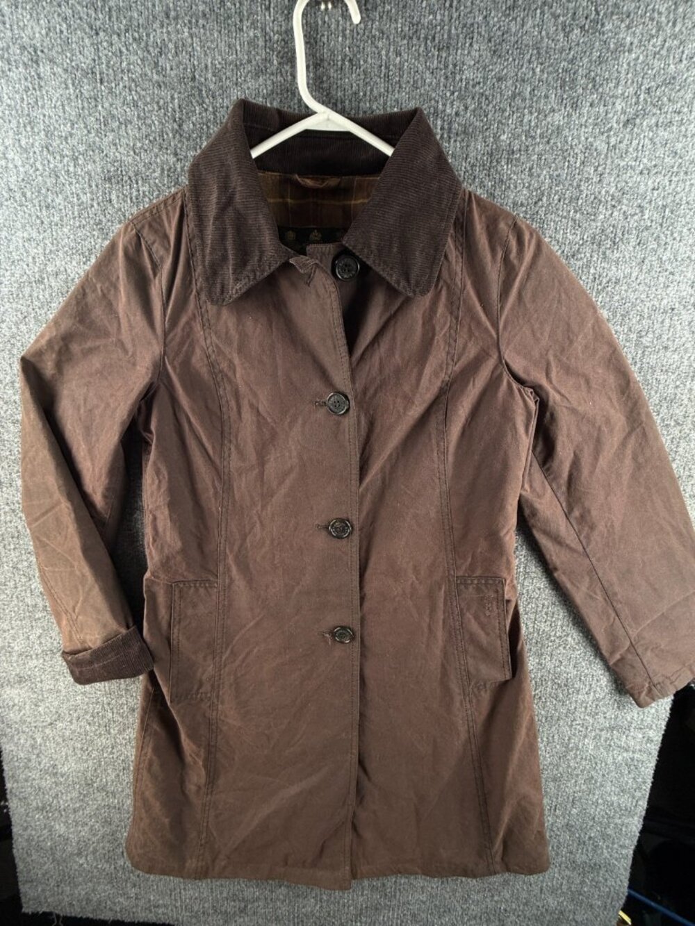 Barbour Women Waxed Coat Brown Size US 4 Lined Button Up Long Collared Adult